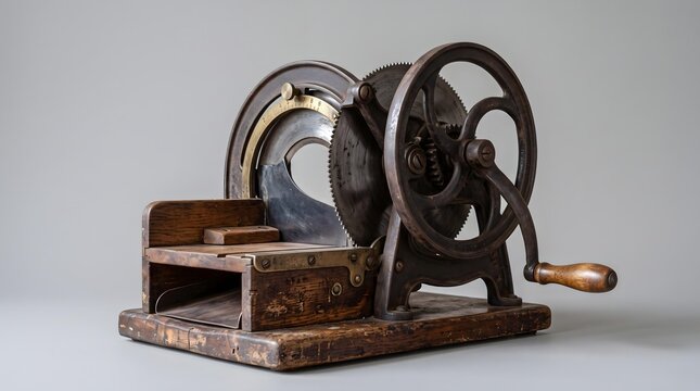 Antique Hand Operated Mechanical Cutting Machine with Metal Gears and Wooden Base
