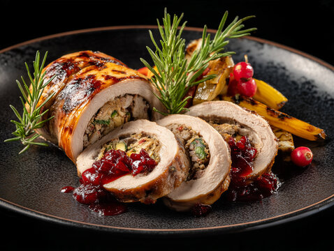 Photorealistic gourmet Thanksgiving turkey roulade sliced into elegant portions, herb stuffing visible inside, cranberry gastrique drizzle, rosemary and roasted vegetables