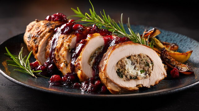 Photorealistic gourmet Thanksgiving turkey roulade sliced into elegant portions, herb stuffing visible inside, cranberry gastrique drizzle, rosemary and roasted vegetables