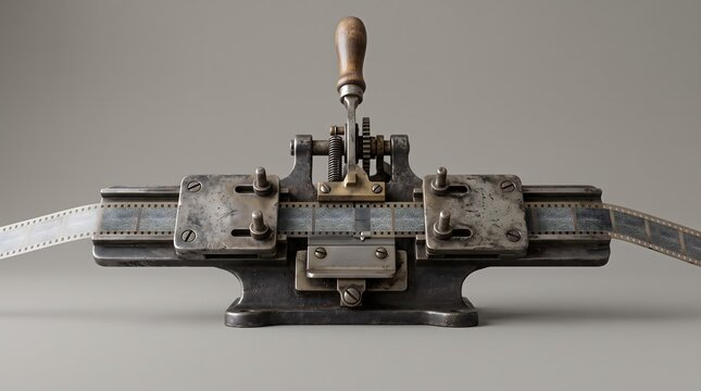 Antique Manual Film Splicing Machine with Photographic Film Strip and Metal Mechanism