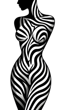 Elegant vector fashion illustration silhouette of a woman body with stylish zebra black and white abstract fluid stripe patterns against a clean white background.