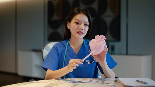 Asian female doctor in blue scrubs holds an anatomical heart model, pointing with a pen during an online medical video consultation. Healthcare professional explaining cardiology concepts to patient.