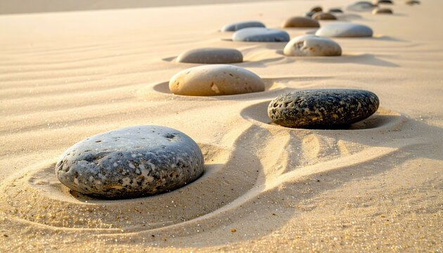 Smooth rounded river stones scattered across bright sandy surface creating tranquil meditation landscape