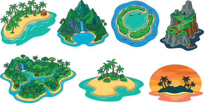 Tropical Island Landscape Vector Illustration Set Featuring Exotic Beach Atoll, Volcanic Waterfall Mountain, Rocky Cliff Village, Dense Jungle, and Sunset Oasis Graphics
