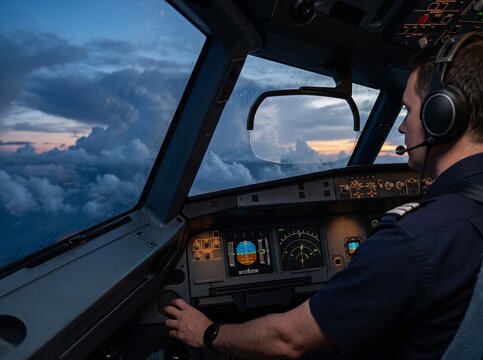 Airline pilot hand on flight controls in cockpit at twilight during stormy weather flight