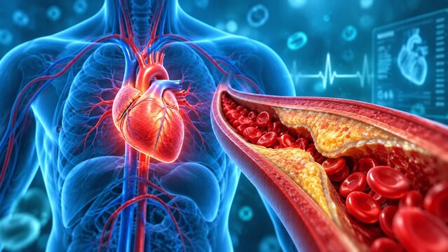 3D illustration of human cardiovascular system highlighting heart health and coronary artery disease with plaque buildup and blood cells