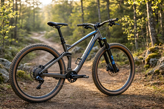 Modern MTB Bike Parked on Trail in Green Summer Nature