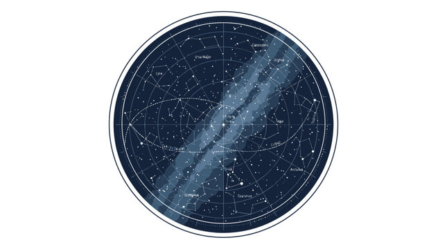 Circular Astronomical Star Map Illustrating Constellations and the Milky Way Galaxy on a Dark Blue Background
