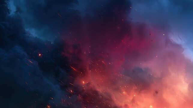 Fiery glowing sparks flying through dark stormy clouds at sunset. Dramatic abstract background for fantasy design or cinematic atmosphere.