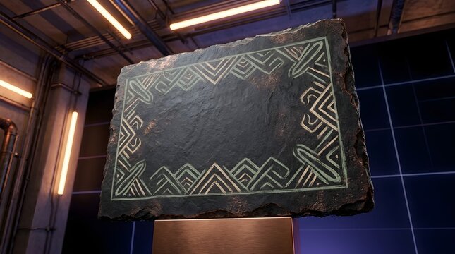 Ancient Carved Rune Stone Slab with Mystical Symbols, Dark Textured Surface