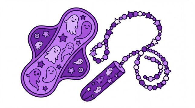 Purple menstrual pad and tampon illustration with cute ghost and star patterns on white background