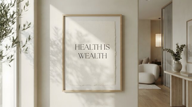 Framed health is wealth sign in a serene home interior with framed art minimalist interior home decor lifestyle design positive quote inspirational art wall decoration serene room wellness sig