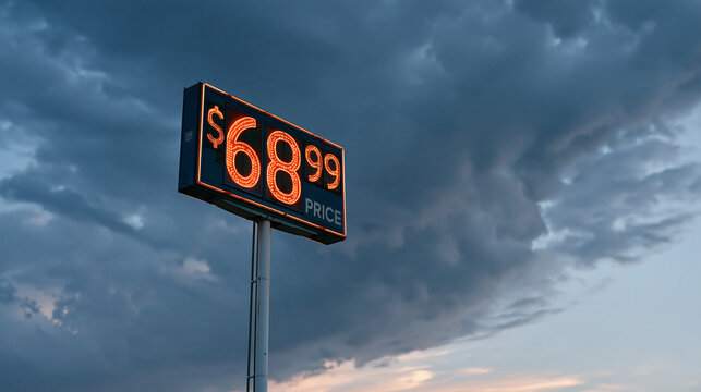 Wide low angle view looking up at illuminated fuel price boards against a stormy evening sky, dramatic clouds rolling in, consumer anxiety over petrol pricing, energy market