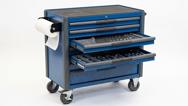 Blue metal rolling tool cabinet with multiple drawers filled with assorted professional mechanics equipment on white background