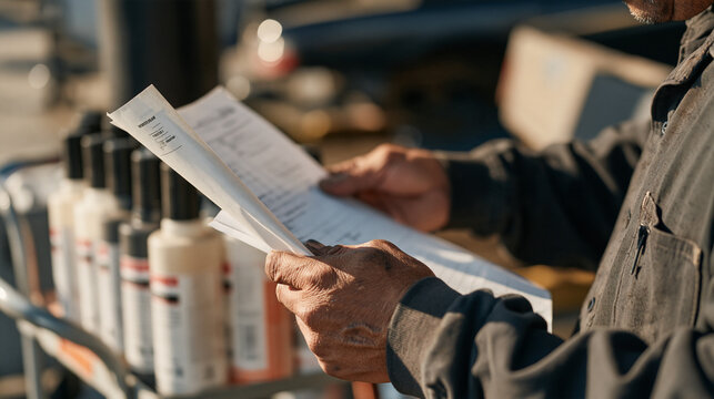 Car wash attendant in early morning mist cross referencing two vehicle service logs, close up of weathered hands holding the documents, a row of labeled cleaning solution bottles