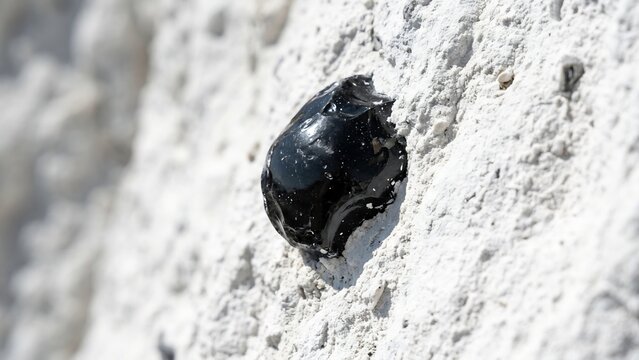 Extreme Macro of a Shiny Black Flint Nodule Embedded in a White Chalk Cliff