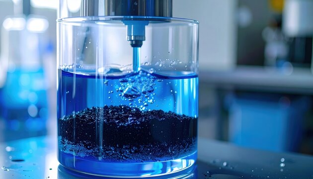 Layered glass filtration system containing charcoal and sand filtering clean blue water during laboratory experiment