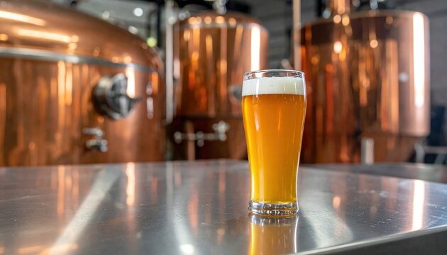Glass of light craft beer on stainless steel table beside copper brewing vats