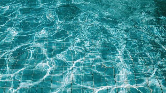 Clear blue water ripples in a tiled swimming pool under bright sunlight. Ideal for summer vacation themes and relaxation concepts.
