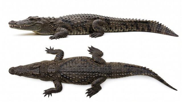 Detailed top and side view of aggressive crocodile predator showing textured skin on white background
