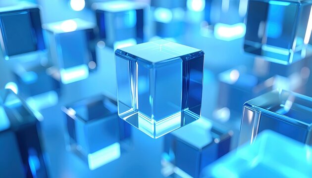 Floating clear glass cubes illuminated by soft blue light creating futuristic geometric composition