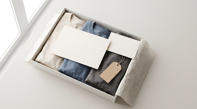 High-angle view of a clothing order insert mockup in a white box with blank cards and a tag