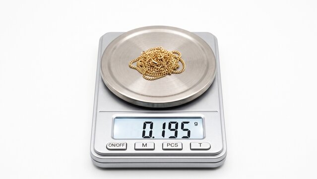 Delicate thin gold necklace being weighed carefully on a professional digital laboratory scale on white background