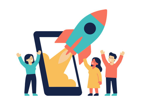 Happy children launching a rocket from a mobile phone