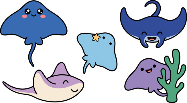 Cute cartoon stingray vector collection featuring lovely manta ray and marine wildlife characters swimming with seaweed isolated on white background for children illustration design