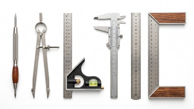 Precise metal engineering tools arranged neatly for professional mechanical design tasks laid flat on white background