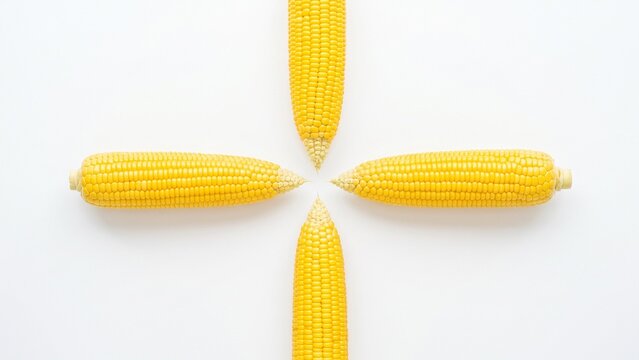 Four fresh yellow corn cobs arranged in a symmetrical cross shape isolated on white background