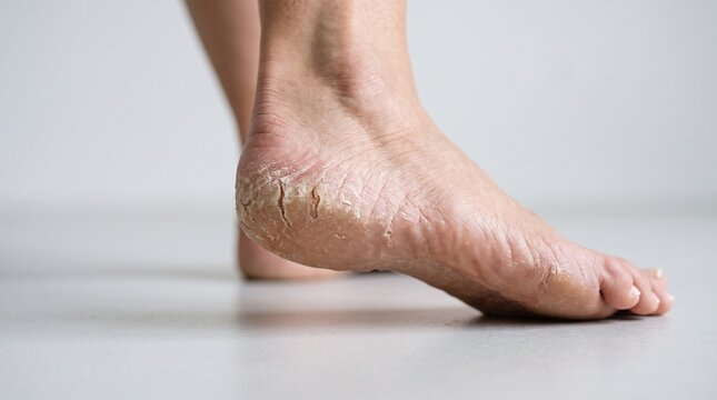 Close up of female foot with deep cracks and dry skin on heel