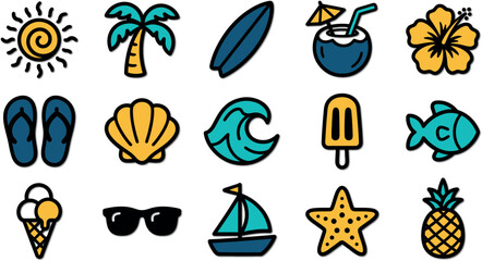 Obraz premium Colorful summer icons featuring beach elements and tropical vacation items
