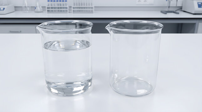 Clear glass beeker filled with clear liquid and an empty beeker standing on a laboratory desk