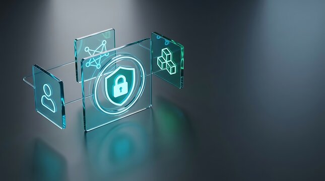 Futuristic 3D cybersecurity glass panel interface with glowing shield padlock encryption, featuring blockchain cryptography cubes, user profile authentication, and network node data protection technol