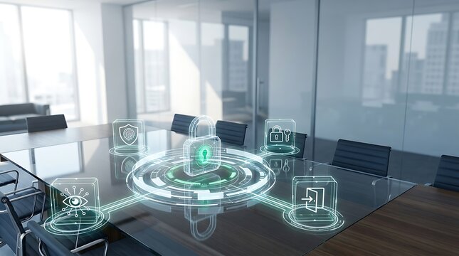 Futuristic cybersecurity hologram interface on boardroom conference table, featuring central padlock data encryption, biometric iris eye scan authentication, network shield defense, gateway portal acc