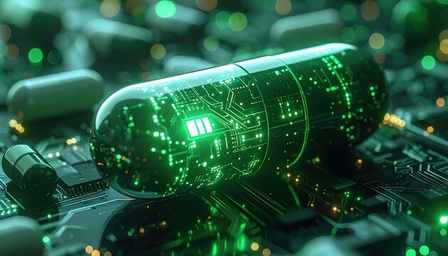 Futuristic medical capsule opening to reveal glowing green electronic microchip representing digital healthcare technology