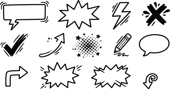 Hand Drawn Comic Book Speech Bubble and Explosion Burst Set Featuring Lightning Bolt Arrows Checkmark Cross Mark Halftone Effect and Pencil Doodle Designs