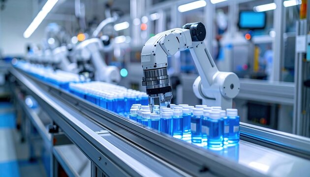Mobile robots transporting vaccine coolers along automated pharmaceutical production line