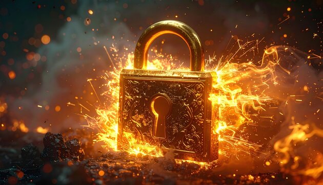 Ornate vintage golden padlock bursting open with glowing sparks representing security breach and unlocking potential