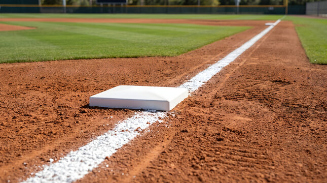 A close up view of a white base on a professional baseball field with dirt infield and chalk foul line