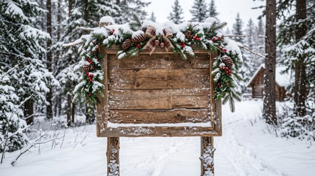 Wooden sign adorned with holiday decorations in snowy forest setting