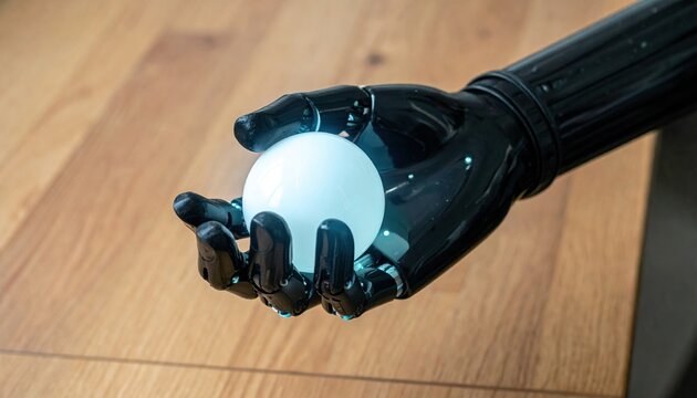 Futuristic bionic hand holding small white sphere with glowing fingertip sensors above wooden desk