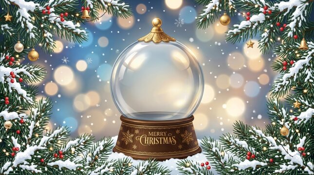 Christmas snow globe mock up with decorative pine branches and snow