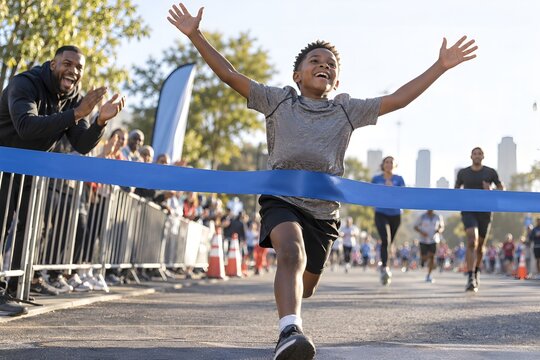 Young boy crosses the finish line with raised arms as his father celebrates his community race achievement.