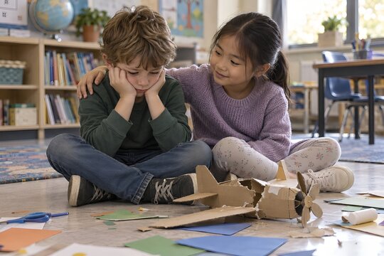 Caring girl comforts a disappointed classmate beside their broken cardboard airplane project.