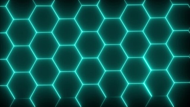 Glowing neon cyan background featuring a seamless interconnected honeycomb grid of hexagonal cells outlined in vibrant light against a dark background. 