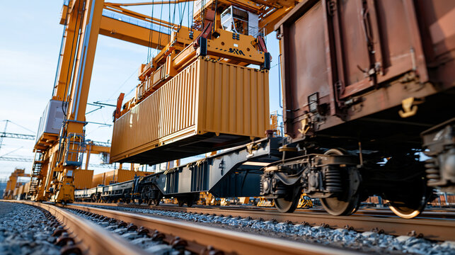An automated swap-body loader dominates an intermodal rail terminal, lifting a plain cargo unit from the transfer lane toward an empty freight wagon. Seen in a low-angle