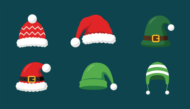 Set of six festive christmas hats including santa and elf styles