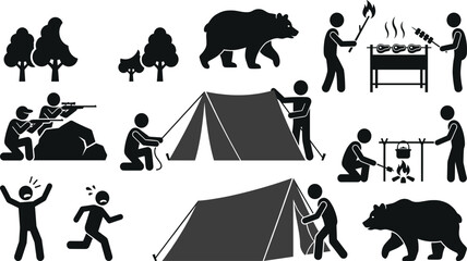 Fototapeta premium Camping Silhouette Icon Set – Stick Figures, Bear, Tent, and Outdoor Activities